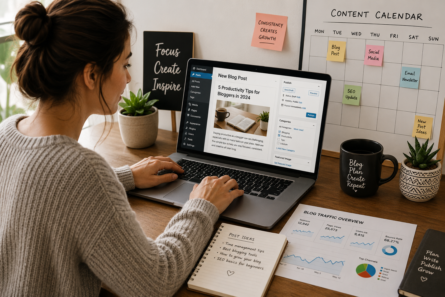 girl sitting at desk with laptop. working on a website.