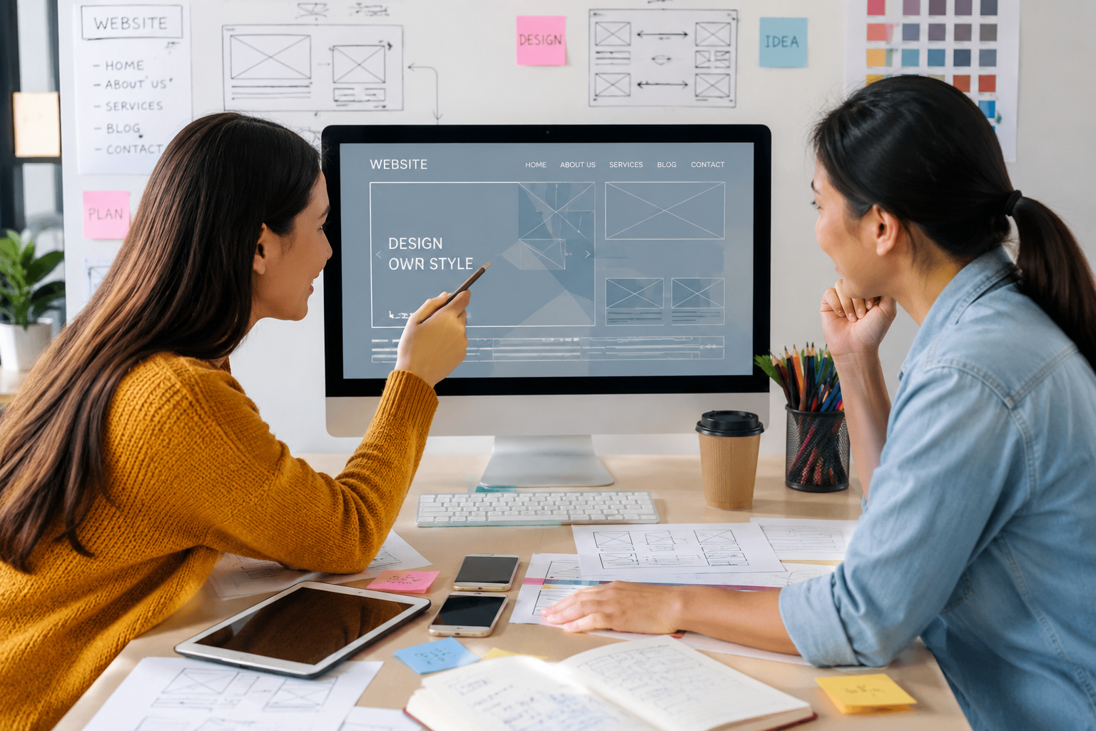two women web designers planning a website